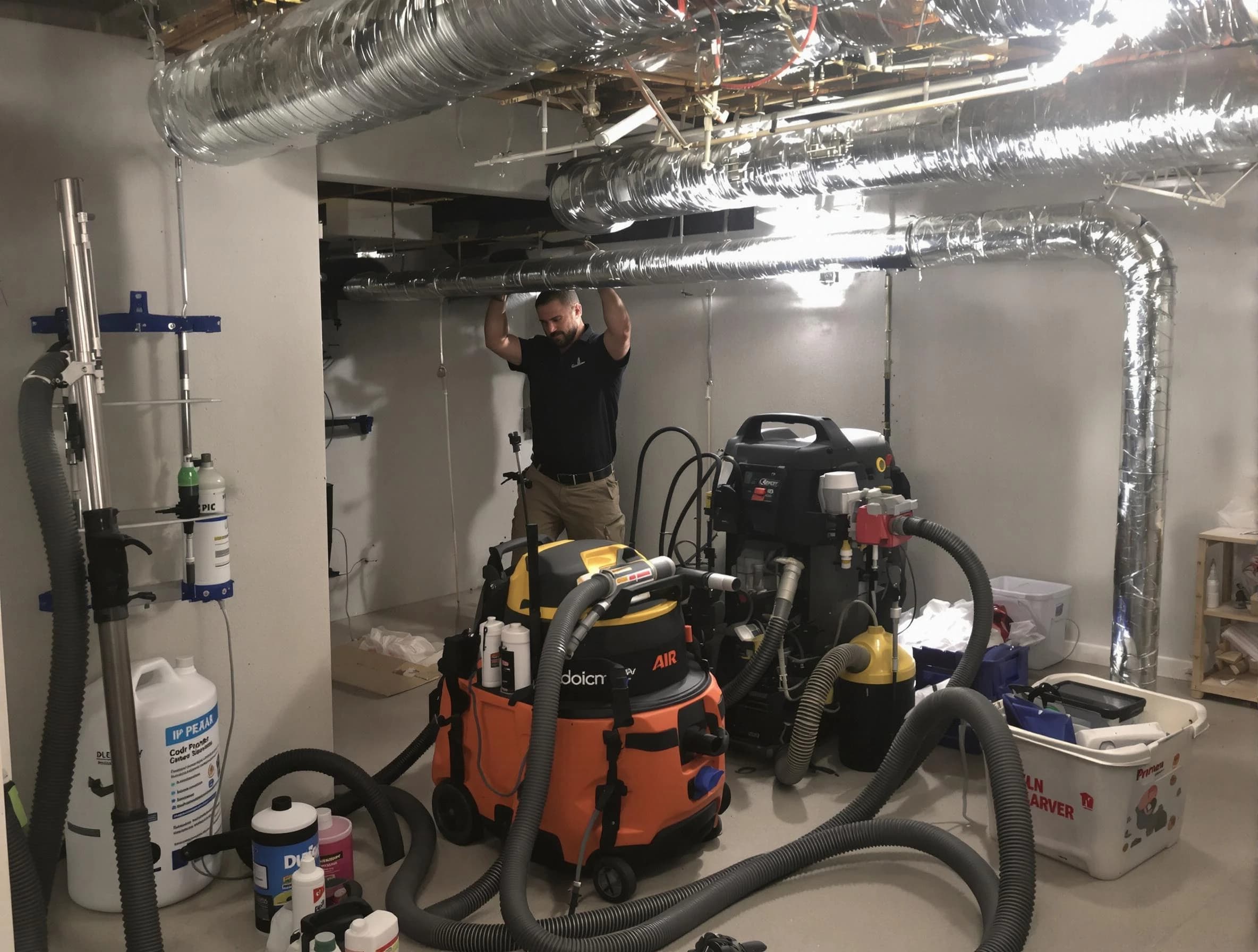 Norman Air Duct Cleaning specialist performing professional mold removal from air ducts using safety equipment in Norman